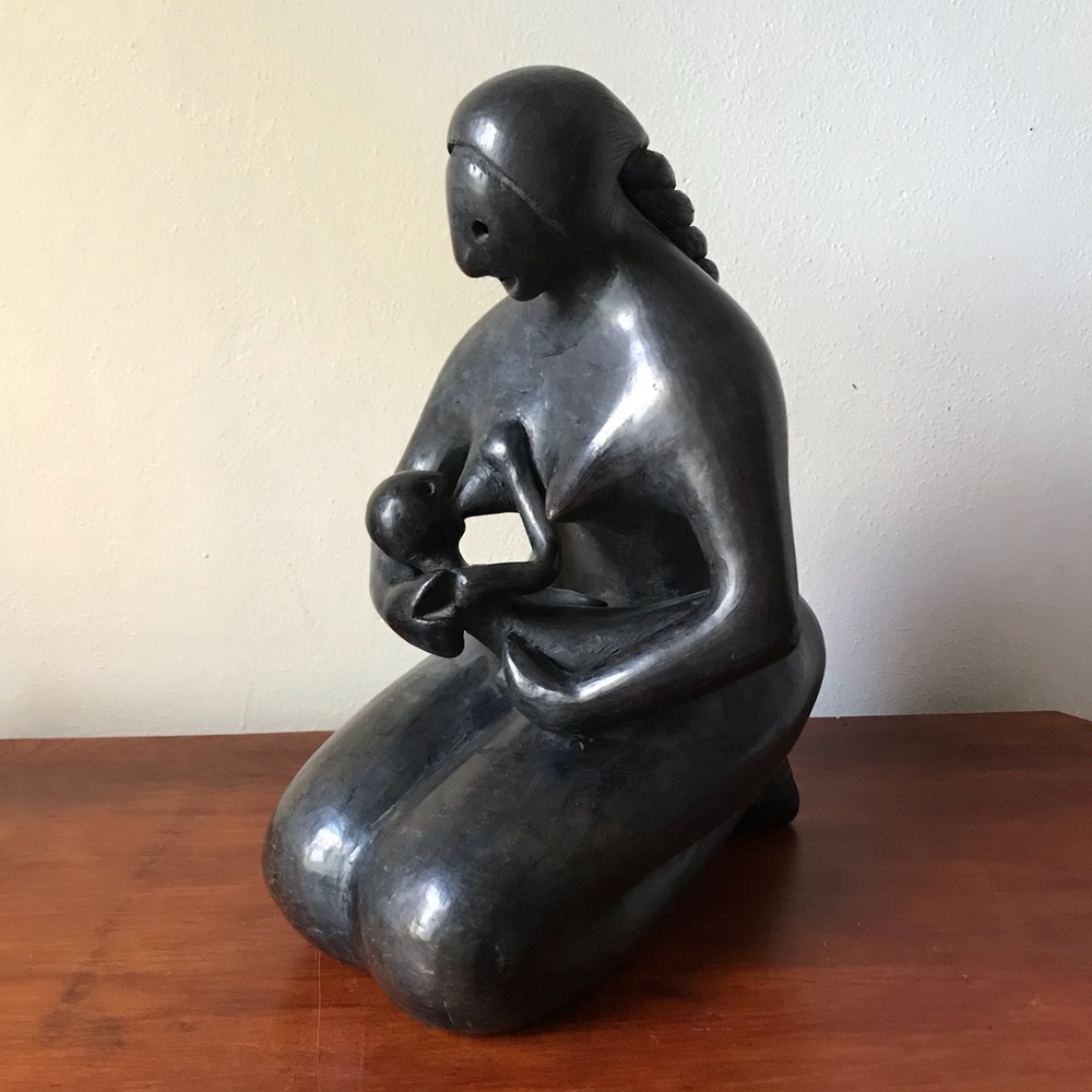 Signed Manuel Felguerez mexican black pottery sculpture of a mother and child